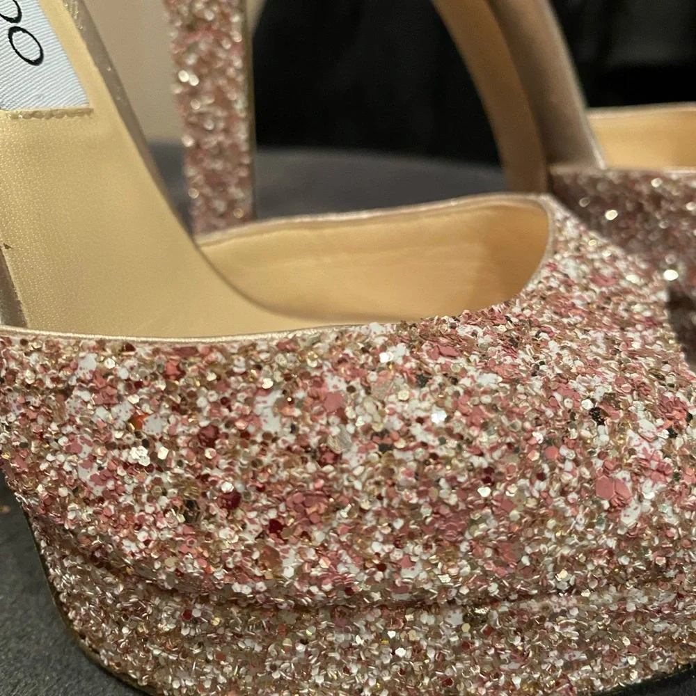 Jimmy Choo Rose Gold Glitter Platform Sandals